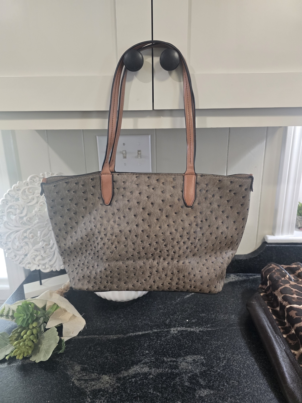 Taupe Ostrich-Texture Tote Bag with Tan Handles